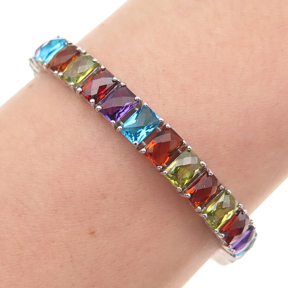JH Young 925 Sterling Silver Real Radiant-Cut Multi-Color Gem Bracelet 6.5"